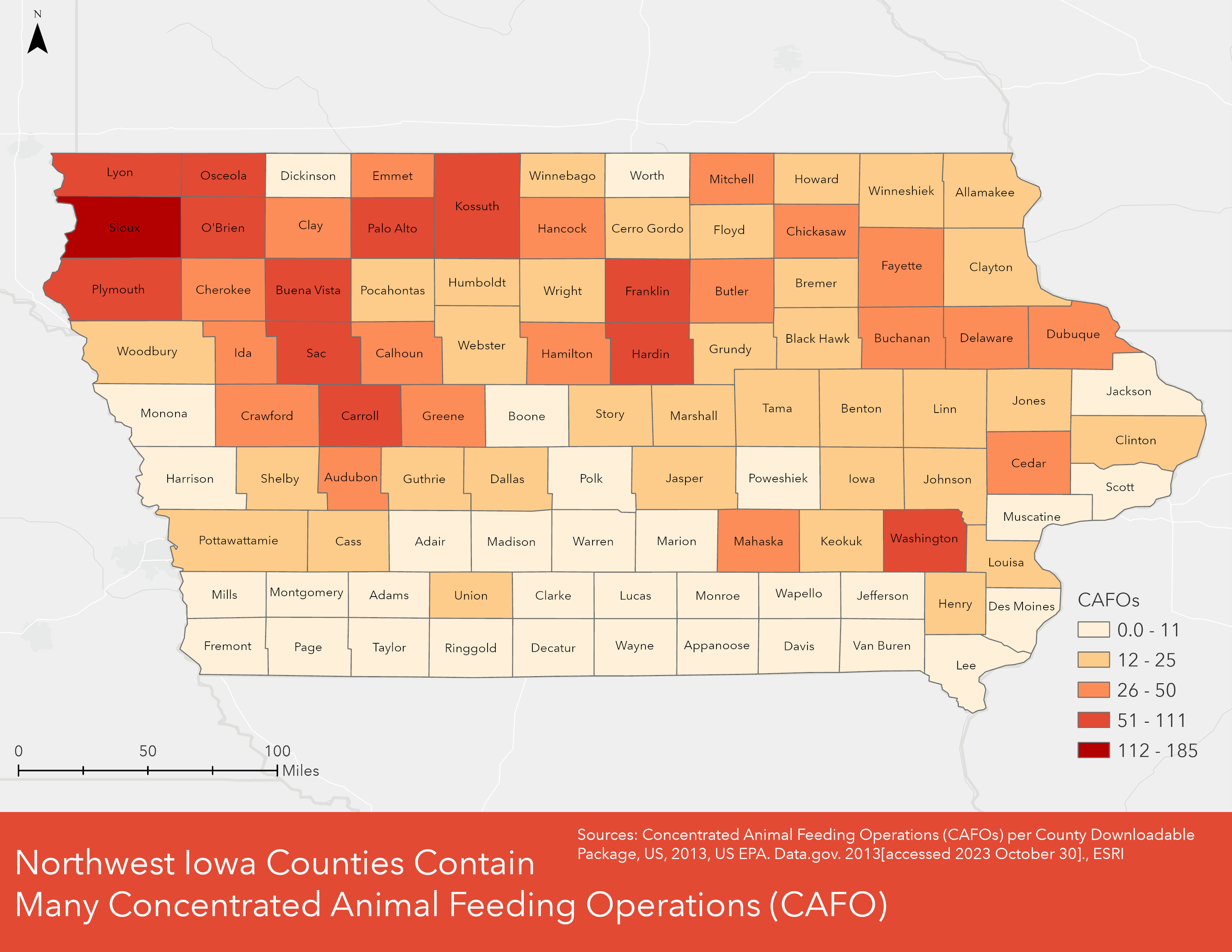 Map of Iowa showing the counts of concentrated animal feeding operations.